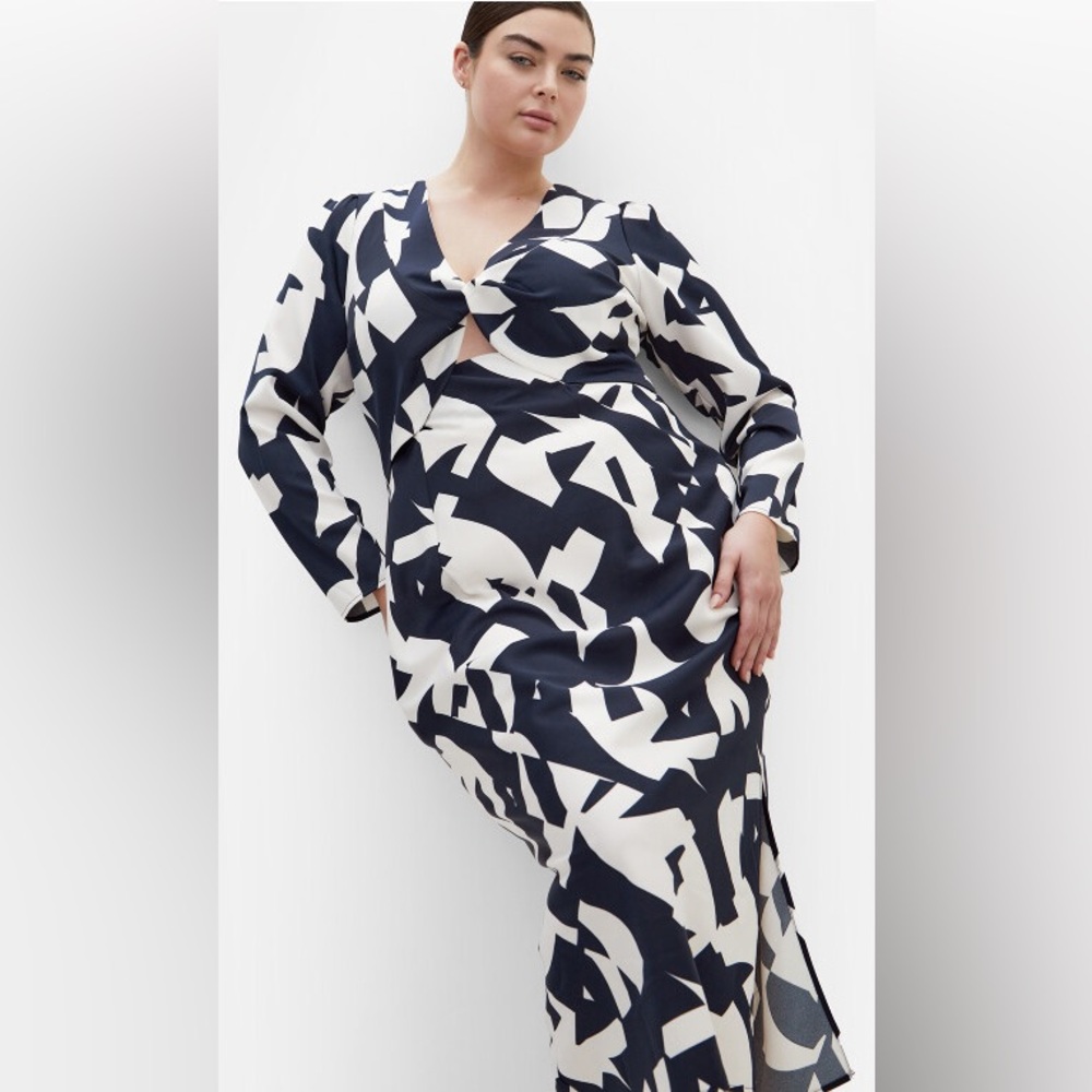 City Chic Enya Abstract Black and White Midi Dress 18W navy/white NWT